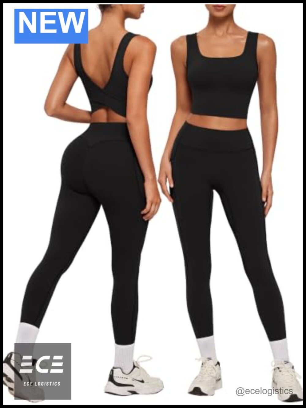 Crossover Back Workout Set Square Neck Sports Bra & High Waist Leggings